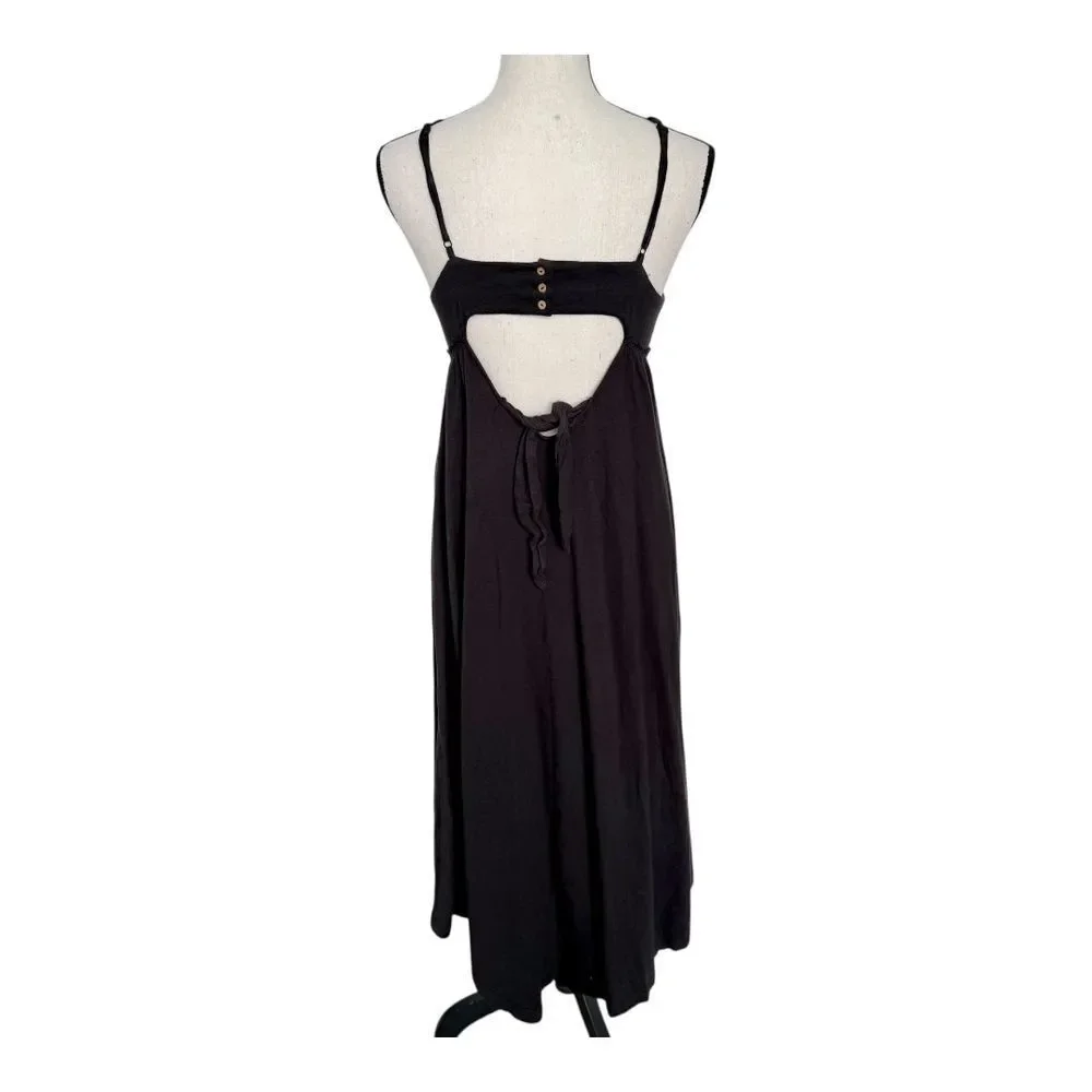 Free People Beach Black A-line Spaghetti Strap Deep V-Neck Midi Dress Womens S